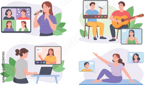 People Participating in Online Group Activities vector illustration