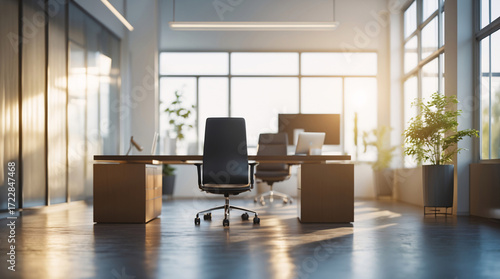 modern office with transparent meeting room glowing in sunlight from large window wall during early business day interior design wallpaper background