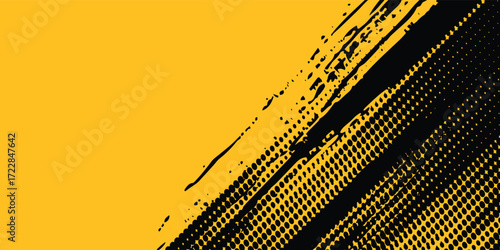 Yellow and black backdrop with dot halftone pattern element. Abstract brush grunge background. retro comic concept for your graphic design, banner or poster See Less modern