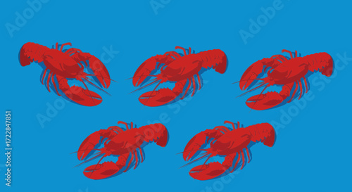 A vibrant illustration of five bright red lobsters arranged in a scattered pattern against a solid blue background.