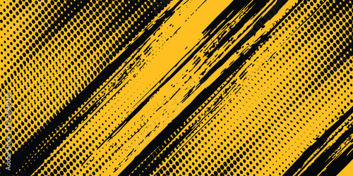 Yellow and black backdrop with dot halftone pattern element. Abstract brush grunge background. retro comic concept for your graphic design, banner or poster See Less modern