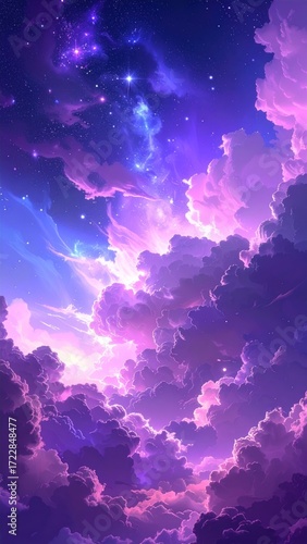 Ethereal skyscape filled with fluffy, layered clouds, painted in shades of purple, pink, and blue, subtly illuminated by starlight