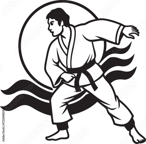 Martial artist in a fighting stance with sun and waves