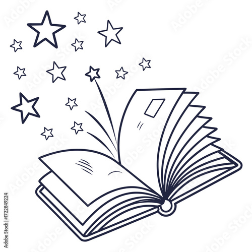 Open book with stars emanating pages reading