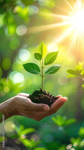 Close-up of hands holding a tiny plant with healthy green leaves and rich soil, backlit by bright sunlight in a lush green forest scene