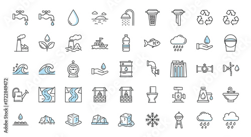 A collection of 48 water-related line icons.
