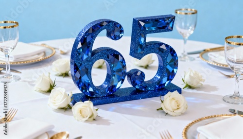 Blue sapphire 65th wedding anniversary celebration table setting