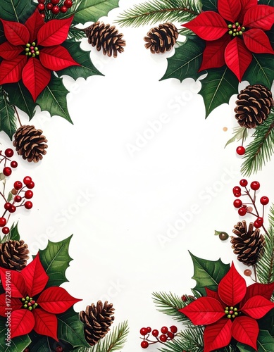 Festive frame with red poinsettias, pinecones, holly, & berries on white. Perfect for holiday greetings or seasonal designs