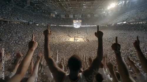 Overcrowded Basketball Arena with Cheering Fans Raising Fingers in Support During a Game, Intense Atmosphere, Sports Event
