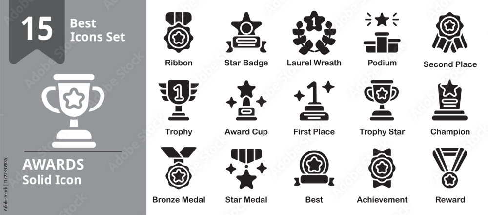 Fototapeta premium Awards Icon set. Including trophies, medals, ribbons, stars, badges and more. Solid vector icons collection.