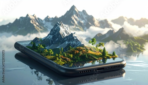 Majestic mountains, lush greenery emerge from a phone screen reflecting the sky, creating a surreal and captivating scene