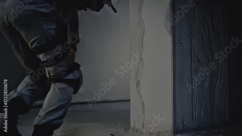 Special forces soldier aiming tactical rifle in dark urban environment, military training simulation, dangerous operation footage.