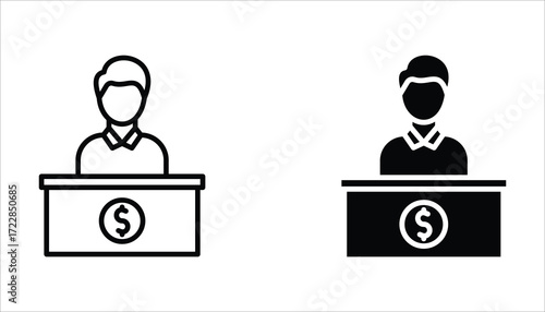 Bank teller icon set, flat illustration of vector icon on white background.