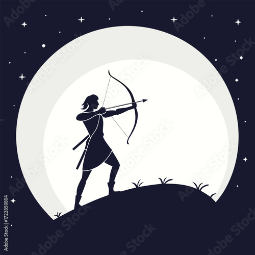 Silhouette of archer aiming bow against large moon