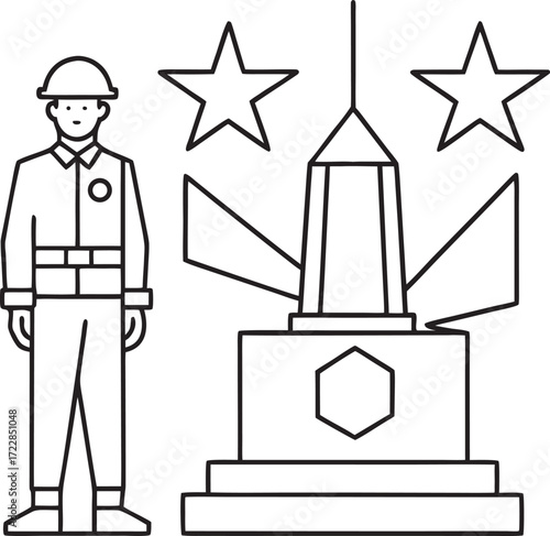 Soldier standing next to monument and stars outline