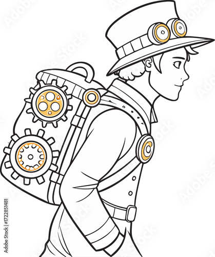 Steampunk Boy With Goggles And Gear Backpack young man