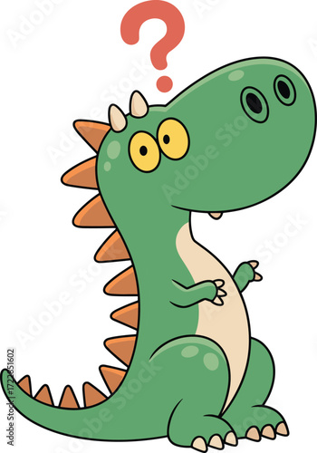 Green dinosaur with a confused expression, wondering with a question mark over its head, solving a problem, looking for an answer.