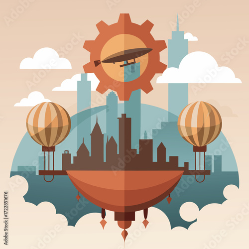 Steampunk hot air balloons and dirigible above floating city