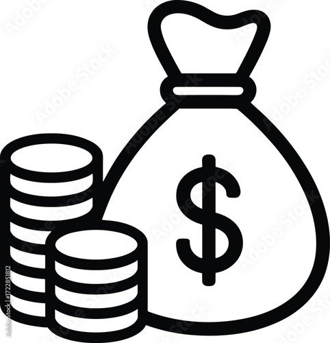 Black outline money bag with dollar sign and stacked coins image