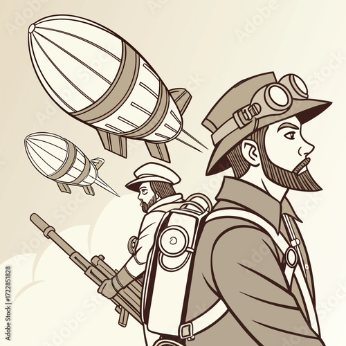 Steampunk Soldiers With Airships In Sepia Tones dirigible