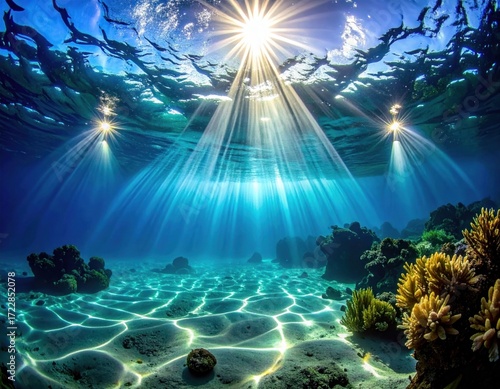 Underwater scene featuring sunlight filtering through the surface of the ocean, illuminating the sandy bottom and coral formations