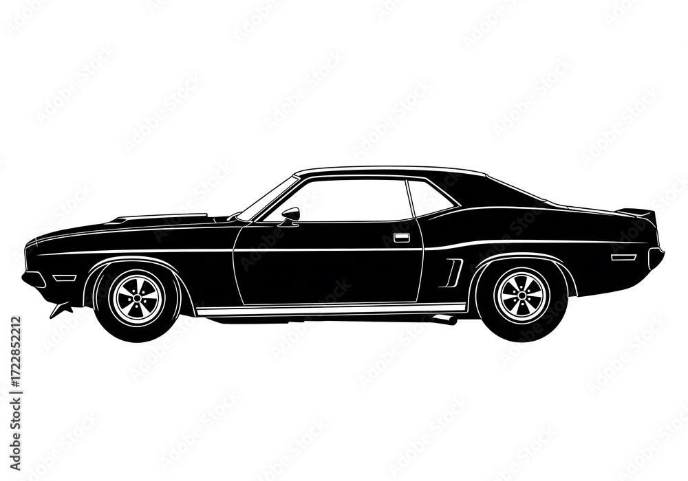 Fototapeta premium Sleek black silhouette of a powerful vintage muscle car, showcasing its iconic design and classic automotive elegance on a pristine white background, representing timeless style and raw power