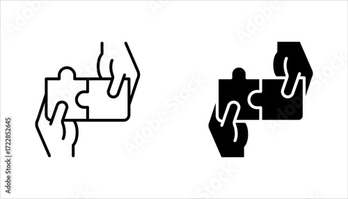 hand puzzle icon set, teamwork concept, jigsaw linear sign vector illustration on white background