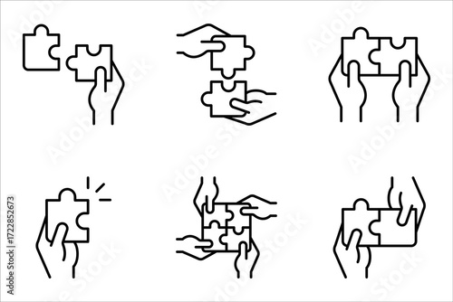 hand puzzle icon set, teamwork concept, jigsaw linear sign vector illustration on white background