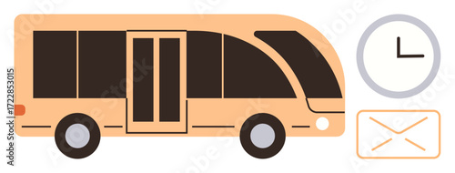 Bus with sleek design, clock symbolizing schedule, envelope hinting at communication. Ideal for transportation, travel planning, punctuality, delivery services, public systems, organization