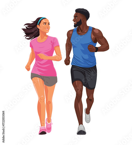 Multiracial young couple jogging together