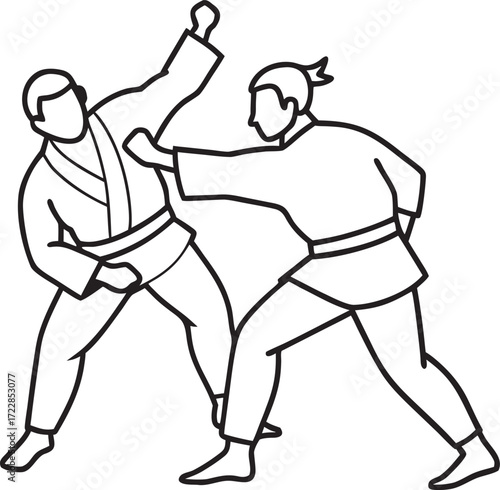 Two martial artists sparring on white background martial arts