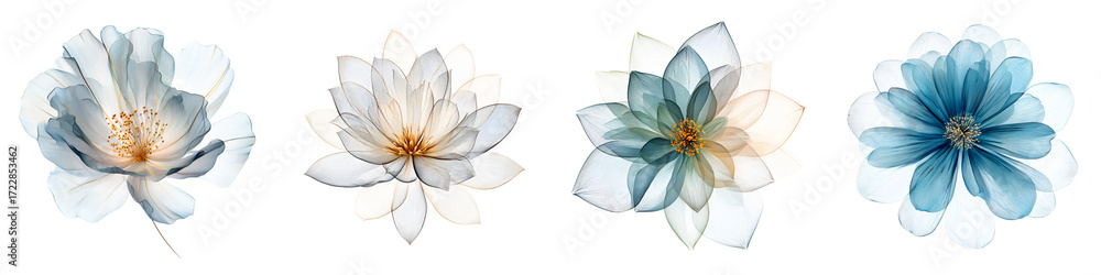 Fototapeta premium Translucent Floral Set: Watercolor Flowers, Ethereal Blooms on White