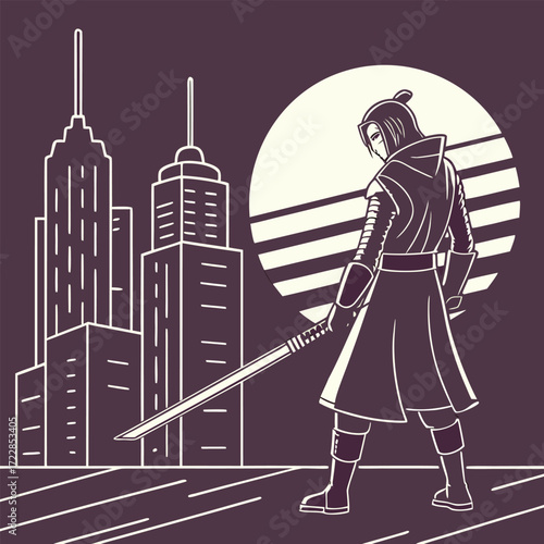 Warrior with Sword Stands Before City and Sun person