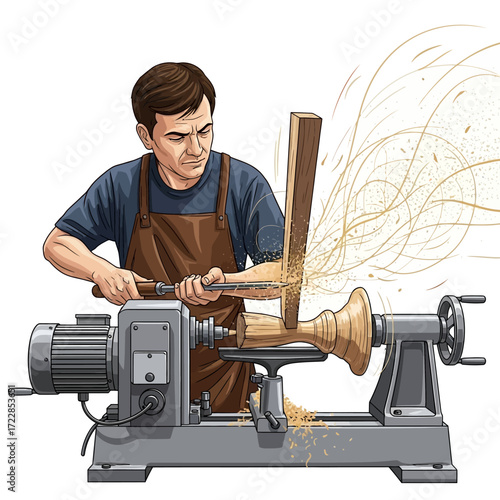 Skilled craftsman expertly shaping wood on a lathe, sawdust flying in a dynamic, artistic creation process