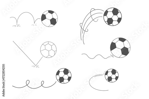 Bounced ball football comic manga effect, set doodle line hand drawn ball jump trajectory, ball motion expression. Sketch movement.