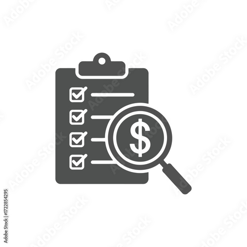 Flat icon of clipboard with checklist and magnifying glass over dollar sign