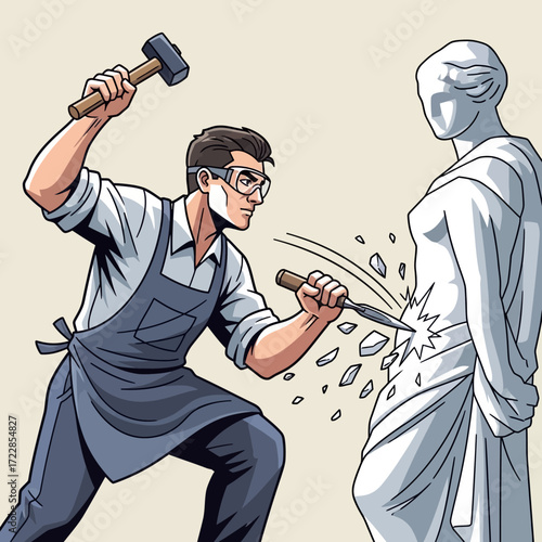 Dedicated sculptor chiseling a statue with precision, crafting art with passion and skill in a studio environment, showcasing artistic talent and creativity