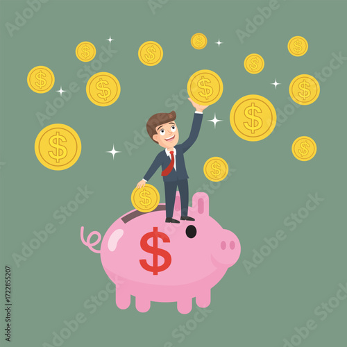 Smart Businessman On Piggy Bank Holds Coins. Money savings concept. Drawings, Illustration, Cartoon, Vector.