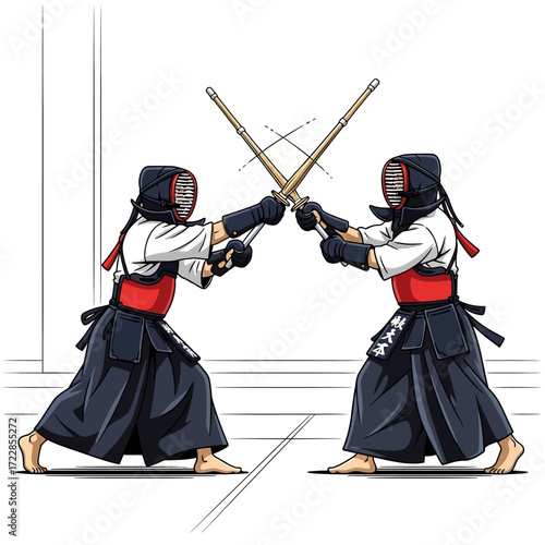 Dynamic kendo duel art with traditional bamboo swords, perfect for martial arts publications or Japanese culture promotions with intense competitive spirit