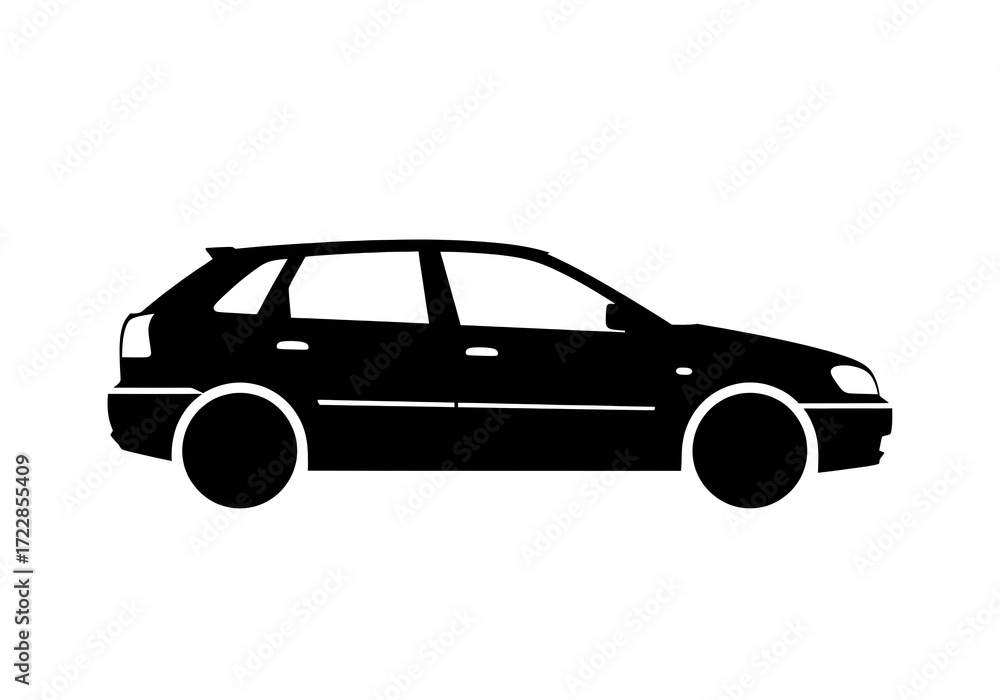 Fototapeta premium Black silhouette of a modern hatchback car in profile view, symbolizing transportation and automotive design