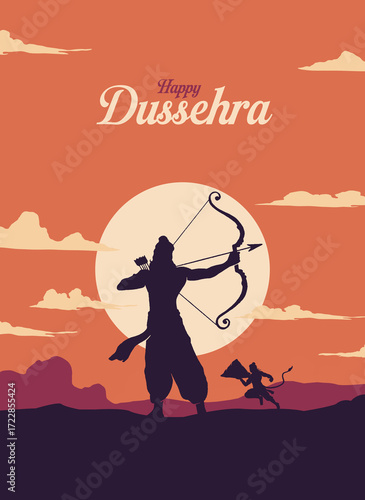 Happy Dussehra text layout with an illustration of Lord Rama's bow, arrow, and temple background for the Indian festival Dussehra.