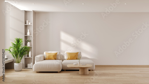 Cozy and minimal interior background  , white sofa with blank wall for copy space and indoor plant. 3d render