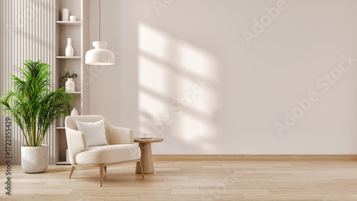Cozy and minimal interior background with blank wall for copy space and indoor plant. 3d render