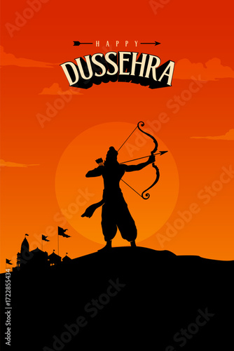 Happy Dussehra text layout with an illustration of Lord Rama's bow, arrow, and temple background for the Indian festival Dussehra.