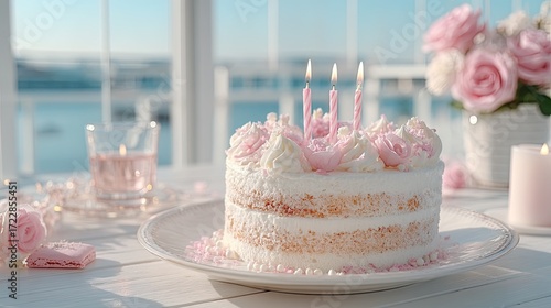 Celebratory Three Tier Birthday Cake Adorned with Pink Roses and Sprinkles on White Table in Bright Coastal Ambiance