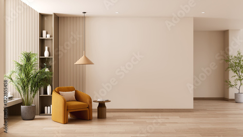 MInimal Living room with mustard yellow armchair and empty wall mockup for art display.3d render