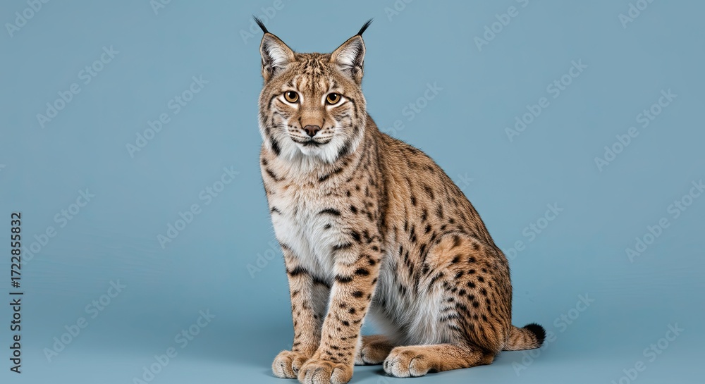 Obraz premium A majestic Eurasian lynx with distinctive ear tufts and spotted fur sits regally against a solid blue background.
