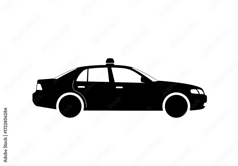 Fototapeta premium Silhouette of a classic sedan car with a taxi light on its roof, presented in a side profile view against a white background