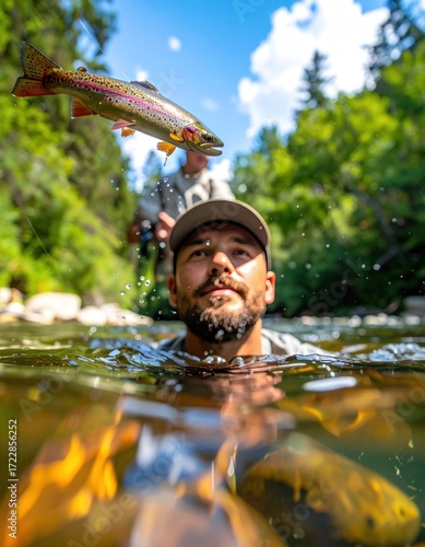 Low-angle view of a man in river looking up at a trout; submerged view with blurry rocks below. Lush, green trees form the background