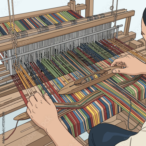 Woman weaving colorful threads on a traditional loom, creating a vibrant textile craft with skill and artistry, embodying heritage and creativity